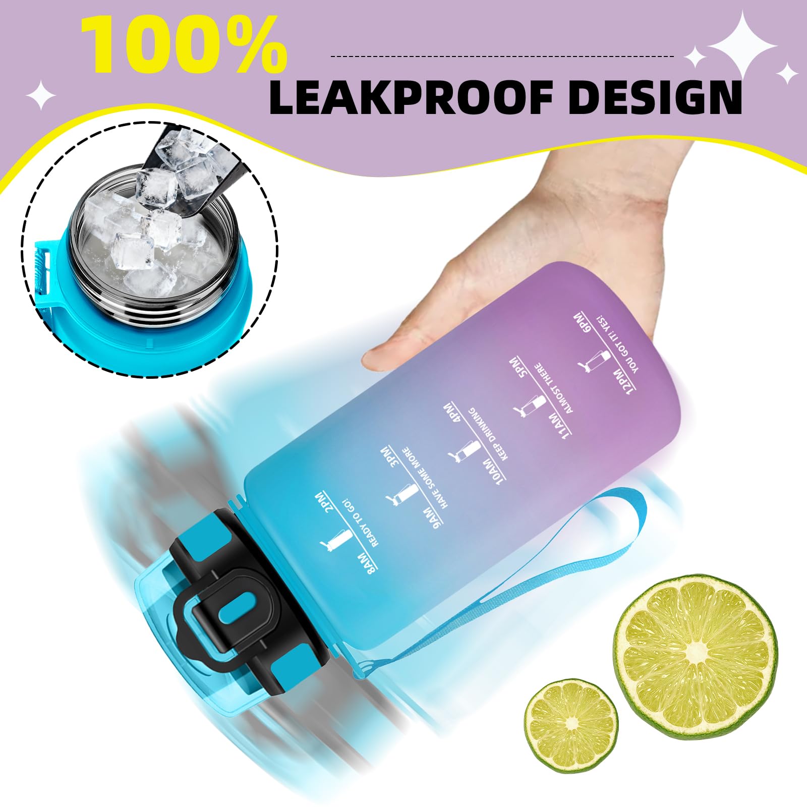 Gourde 500ml, Gourde Enfant avec Paille, Verrou de Sécurité, Anti Fuite Bouteille Motivationnelle, Bouteille d'eau anti Fuite, Facile à Nettoyer, Gourdes avec Marqueur de Temps pour Camping, Velo - 4