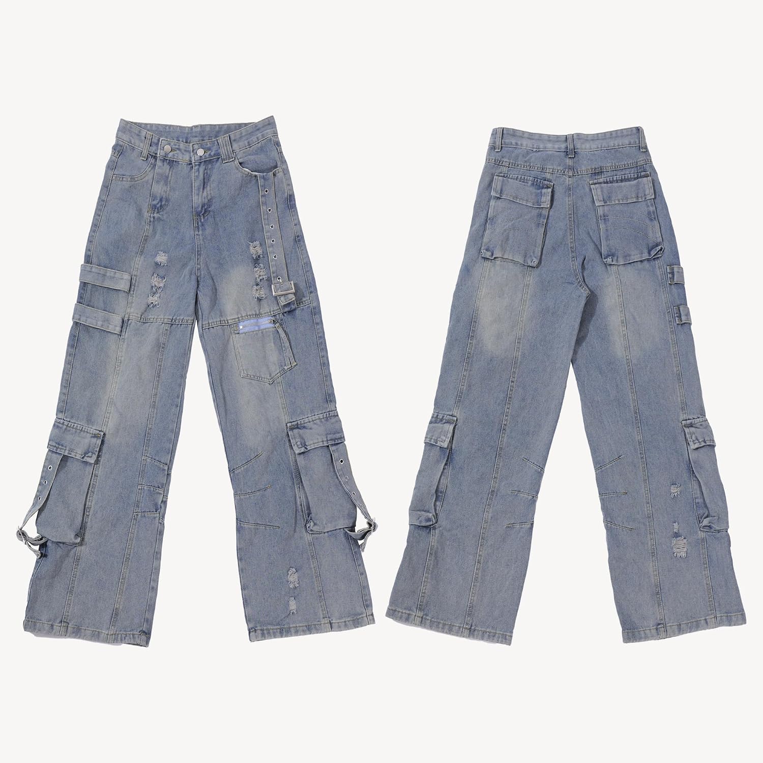 Womens Blue Jeans with Mesh Paneled Legs Mid-Rise Baggy Denim Jeans Loose Fit y2k Emo 90s Pants Trousers Streetwear
