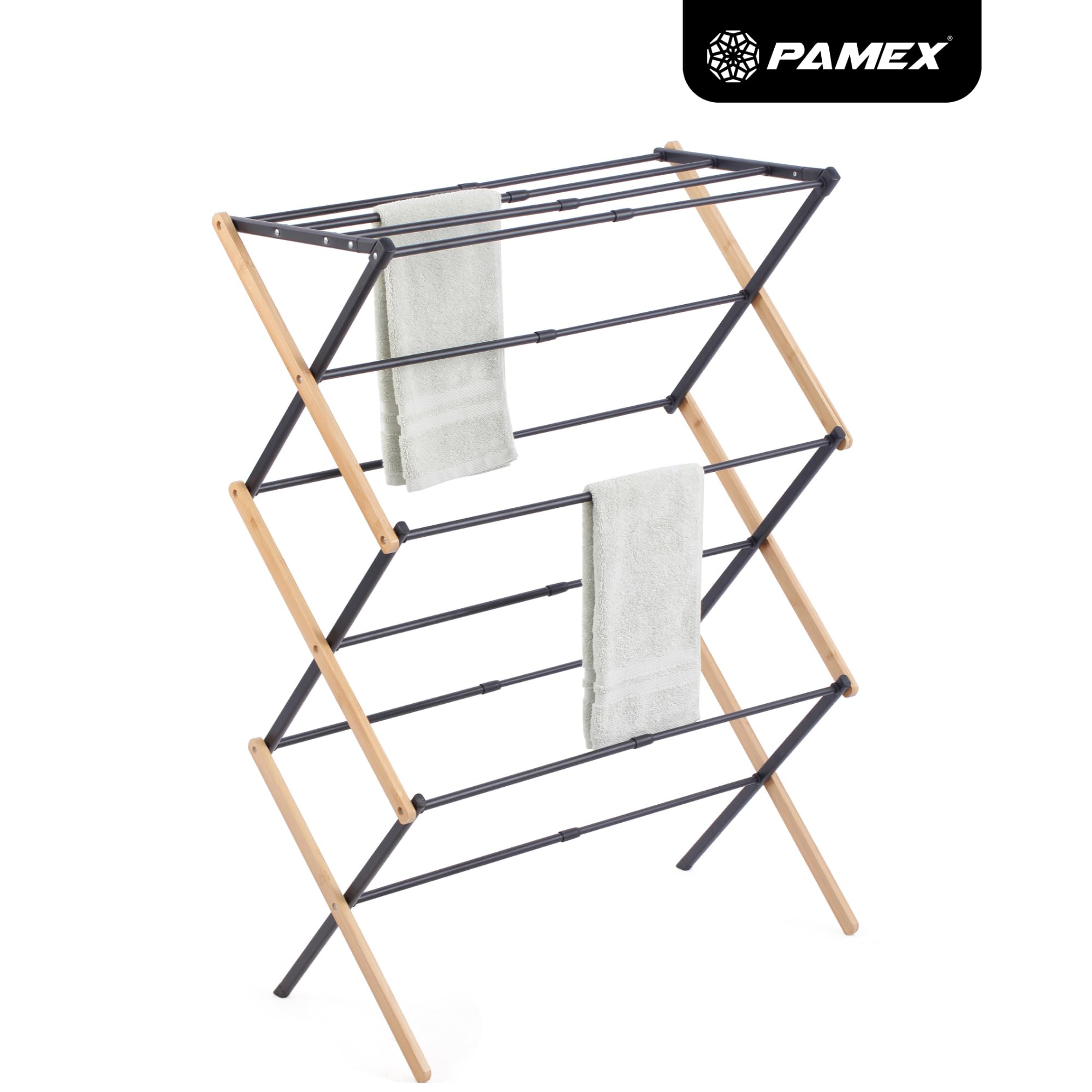 PAMEX Tendedero Plegable Extensible de Madera bambú Totalmente montado con Gran Superficie de Secado tendedero de Madera Resistente, Plegable de Tipo Torre Que Ahorra Espacio