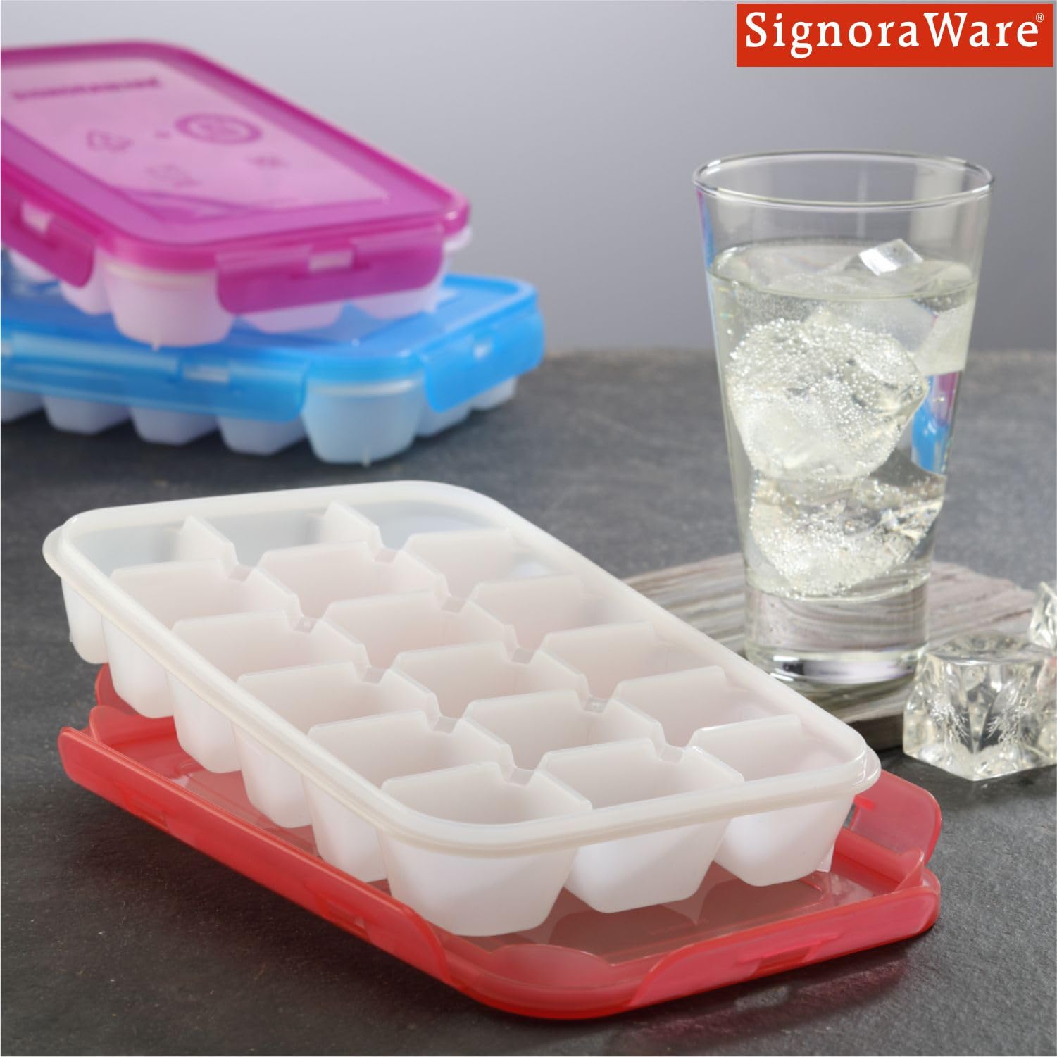 Signoraware ice trey plastic Lock N Lock 18 cubes, Red - Image 3 thumbnail