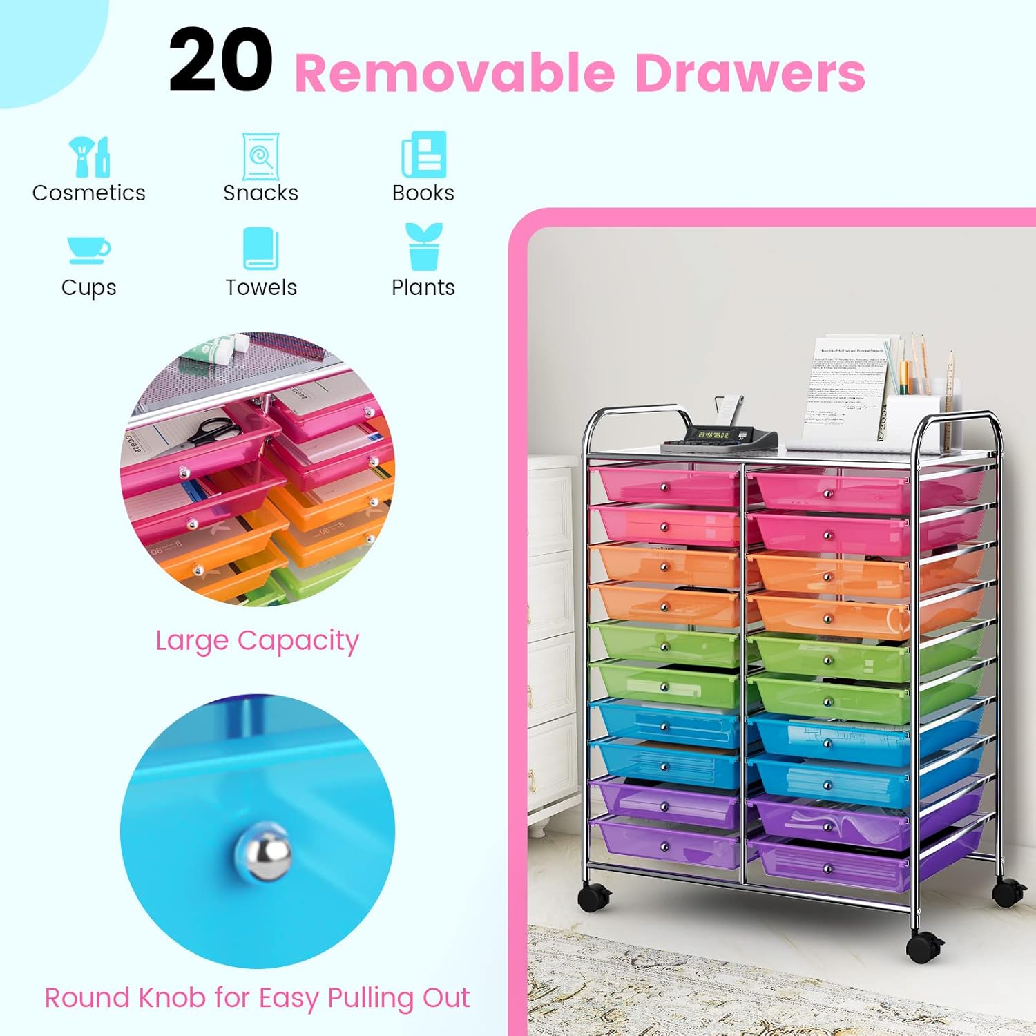 MAT EXPERT 12-Drawer Rolling Storage Cart, Mobile Utility Cart on Wheels, Removable Storage Drawers for Home, Study, Office, School,Paper Organizer (Rainbow, 20 Drawer)