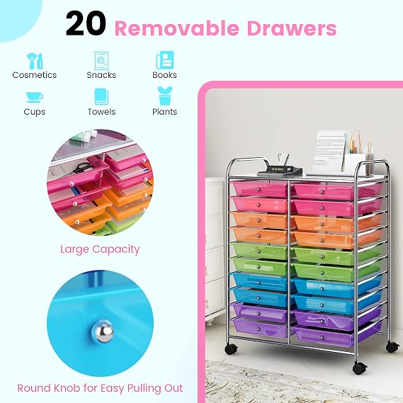 COSTWAY 20-Drawer Rolling Storage Cart, Utility Storage Organizer Cart | For Tools, Scrapbook, Paper, Craft, Multipurpose Storage Trolley on Wheels for Home Office School (Rainbow)