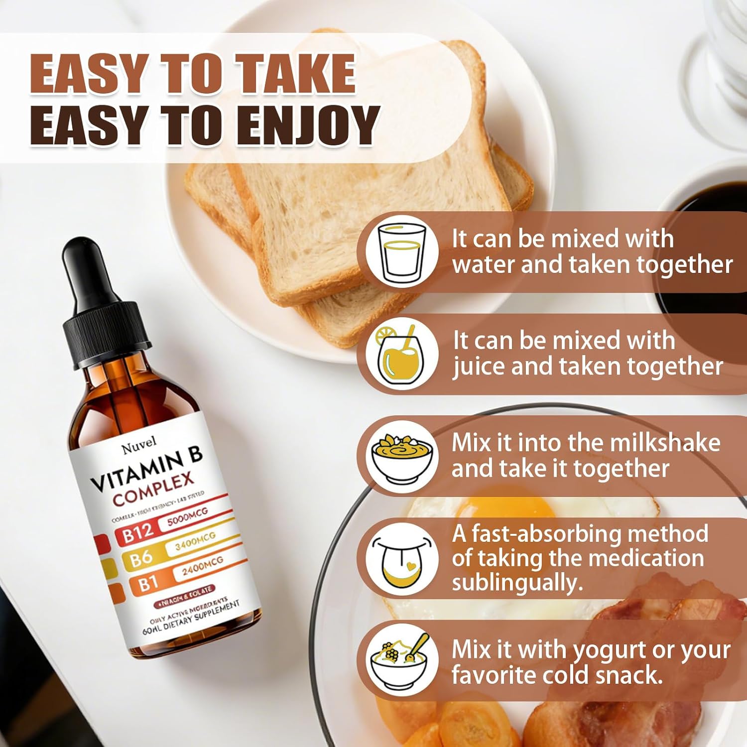 Nuvel Vitamin B Complex Drops with B12, B1, B6, 5-in-1 Vitamin B Liquid Supplement for Daily Wellness