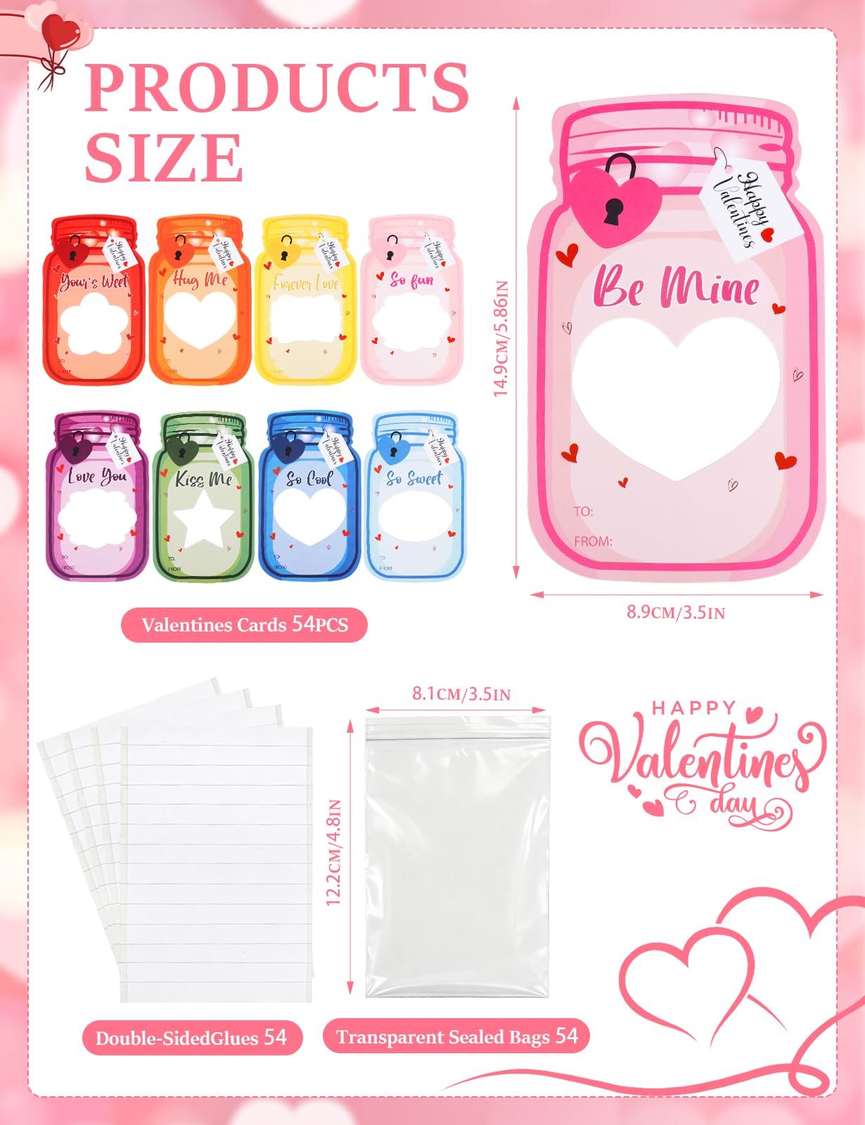 Condition photo showing New/Like New for 54 Pack Valentine’s Day Cards for Kids Classroom, Colorful Mason Jar Valentine Gift Cards with Treat Bags, Valentines Exchange Cards for Toddlers Boys Girls School Party Favors (Candy Not Included)
