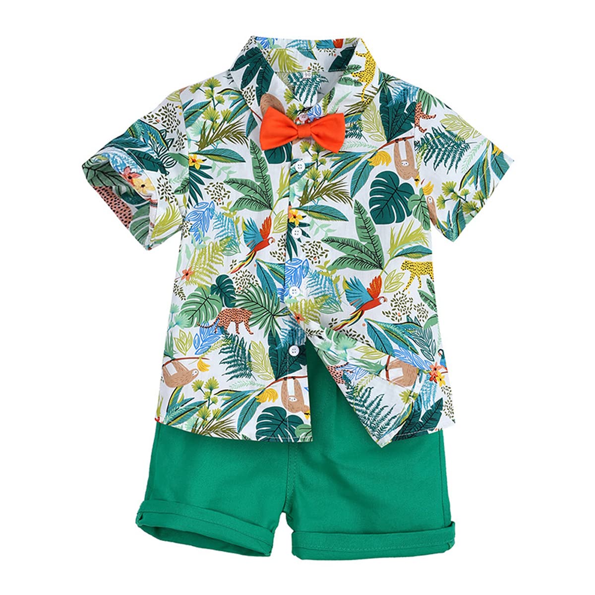 Toddler Baby Boy Summer Clothes Set Floral Shirt Bow-tie Shorts Hawaiian Outfit(5-6years Old,Green/Green)