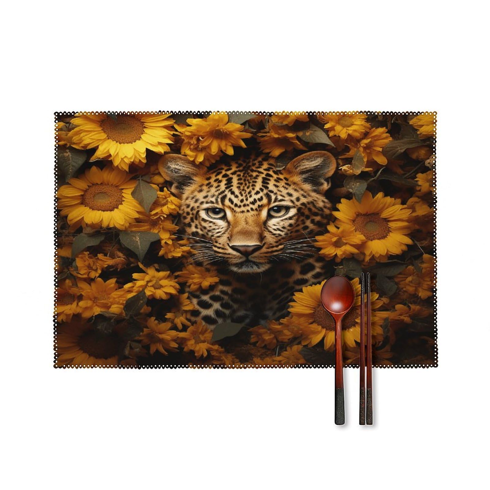 Leopard and Sunflower Placemats Set of 6 Heat Resistant Non-Slip Place Mats Washable Wipeable Table Mats Elegant Farmhouse Placemat for Kitchen Dining Outdoor Party Table Decor