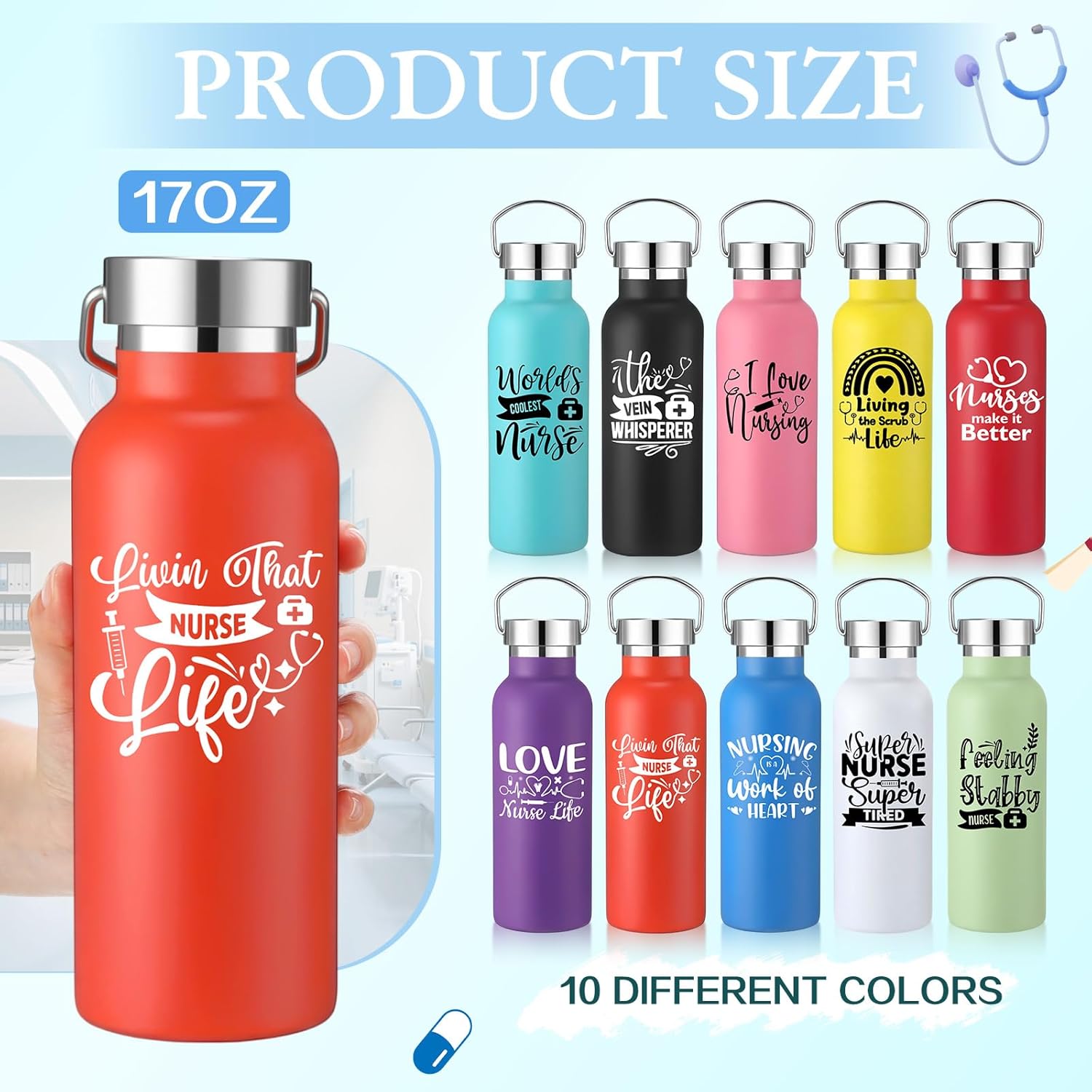 10 Pcs Nurse Gifts for Women 17 oz Stainless Steel Water Bottles with Handle for Nurse Day Week Insulated Coffee Tumbler with Lid Nursing Appreciation for Adult Coworker (Lively Pattern)