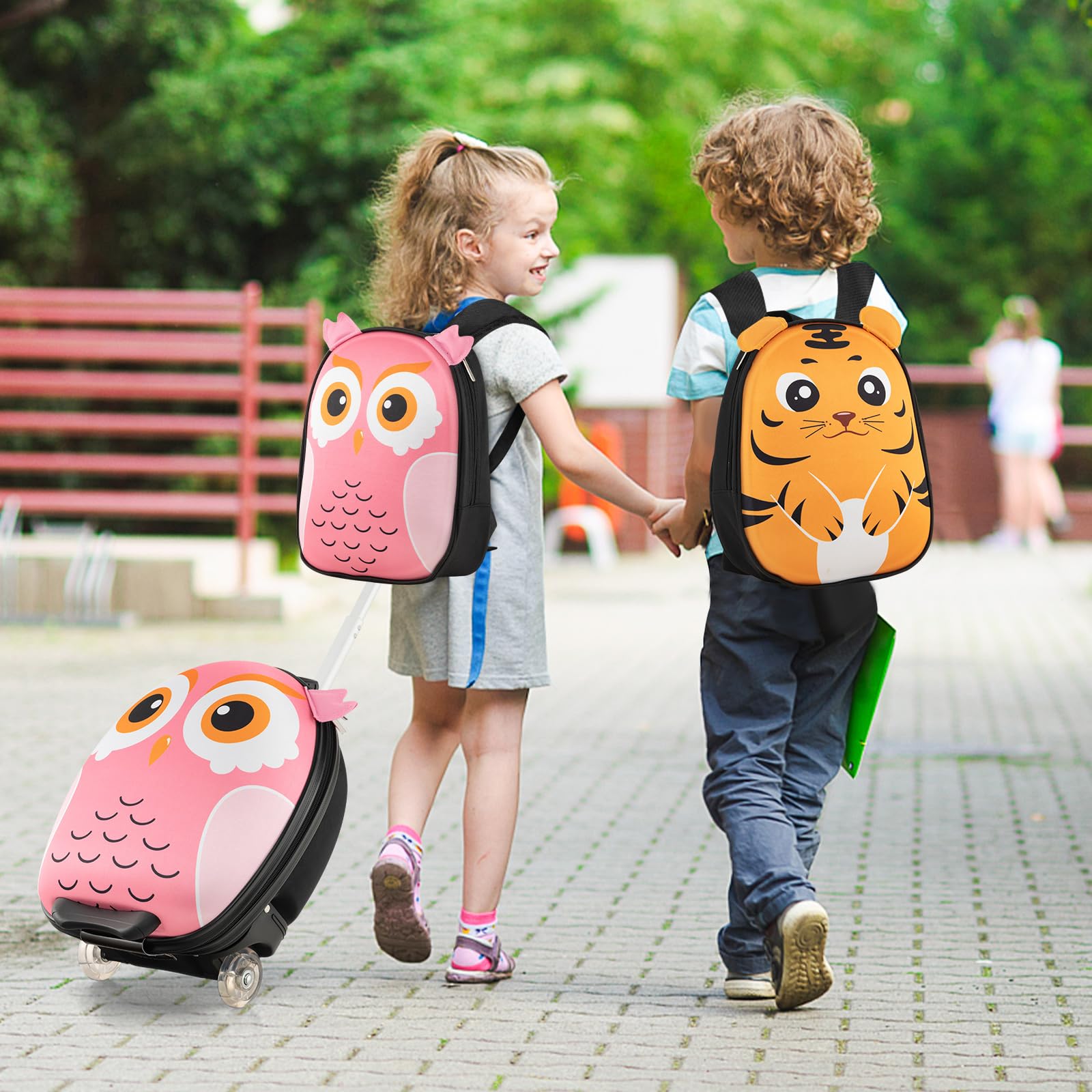 COSTWAY Set di Valigia per Bambini, 16" Valigia+ 12" Zaino, 2 Pezzi, con Ruote e Maniglia Retrattile, Ideale per Viaggiare in Modo Comodo e Divertente (Modello 2)