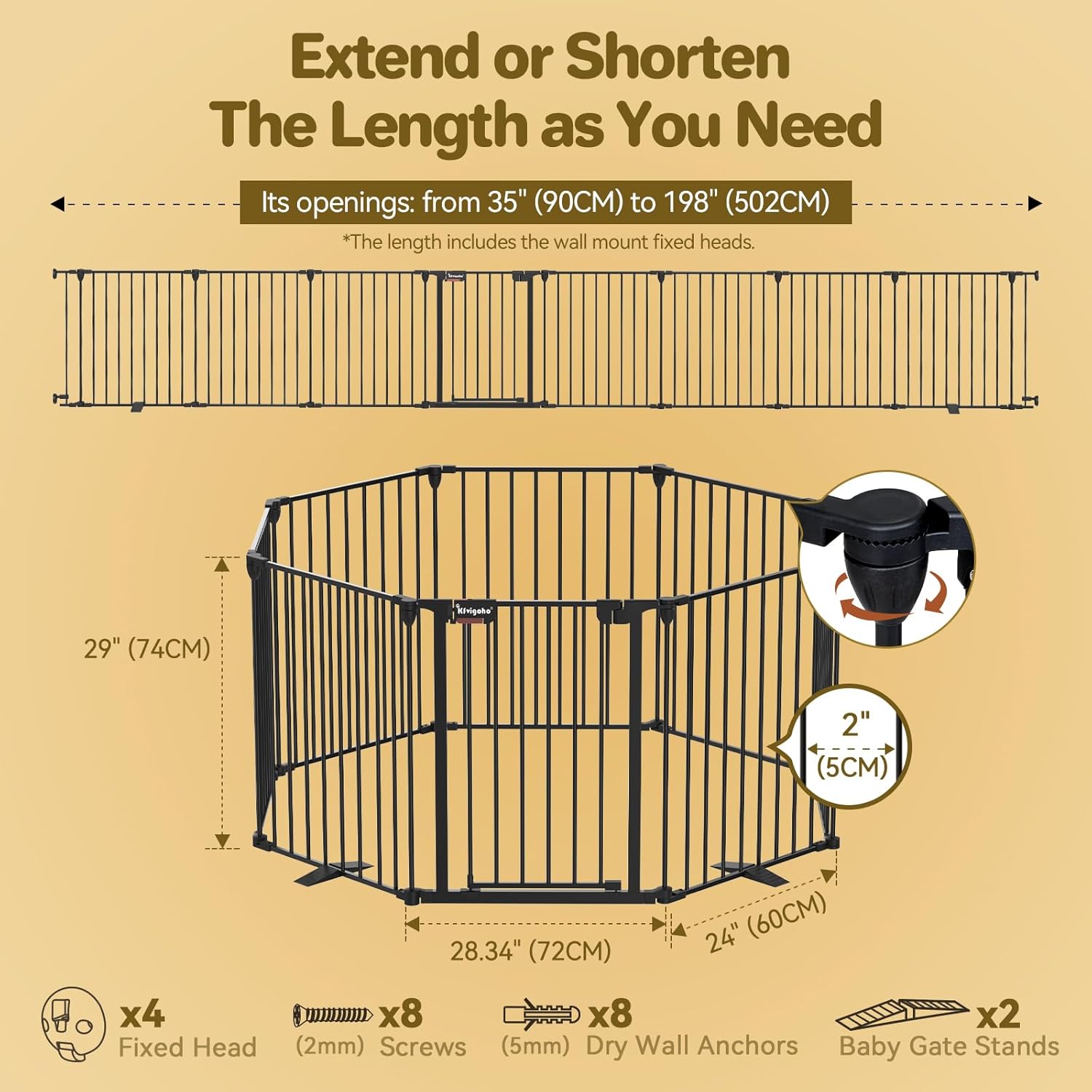 Dog Gate 27.5"-199" Extra-Wide Playpen, Freestanding Pet Gate, Puppy Fence with Auto-Close Door, Double Locking System for Fireplace, Foldable (Black, 8 Panels)