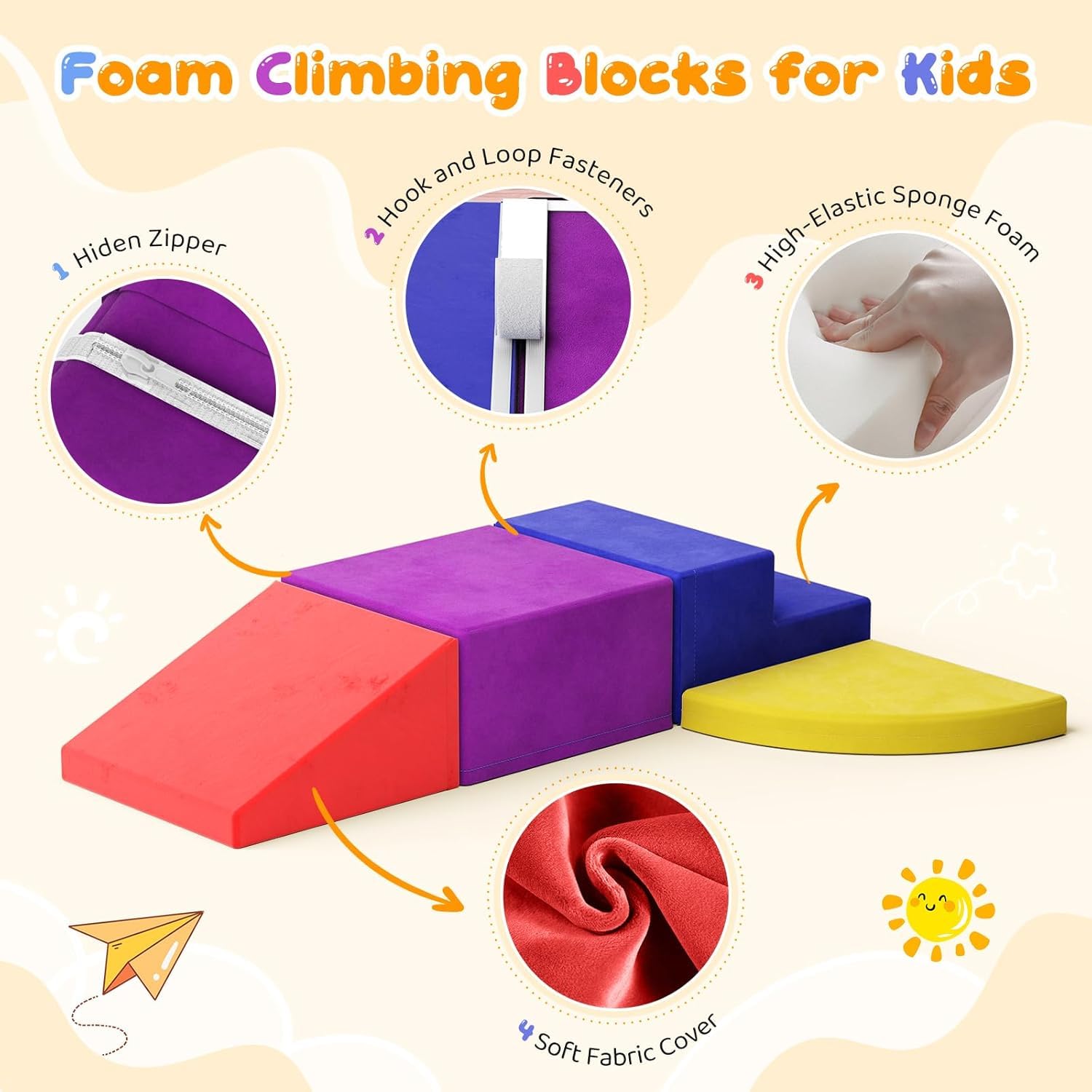 STYPLZ Blocchi da arrampicata 4p per neonati, blocchi da arrampicata per bambini, tessuto morbido delicato sulla pelle, facile da pulire, cerniera nascosta, schiuma altamente elastica, set da gioco