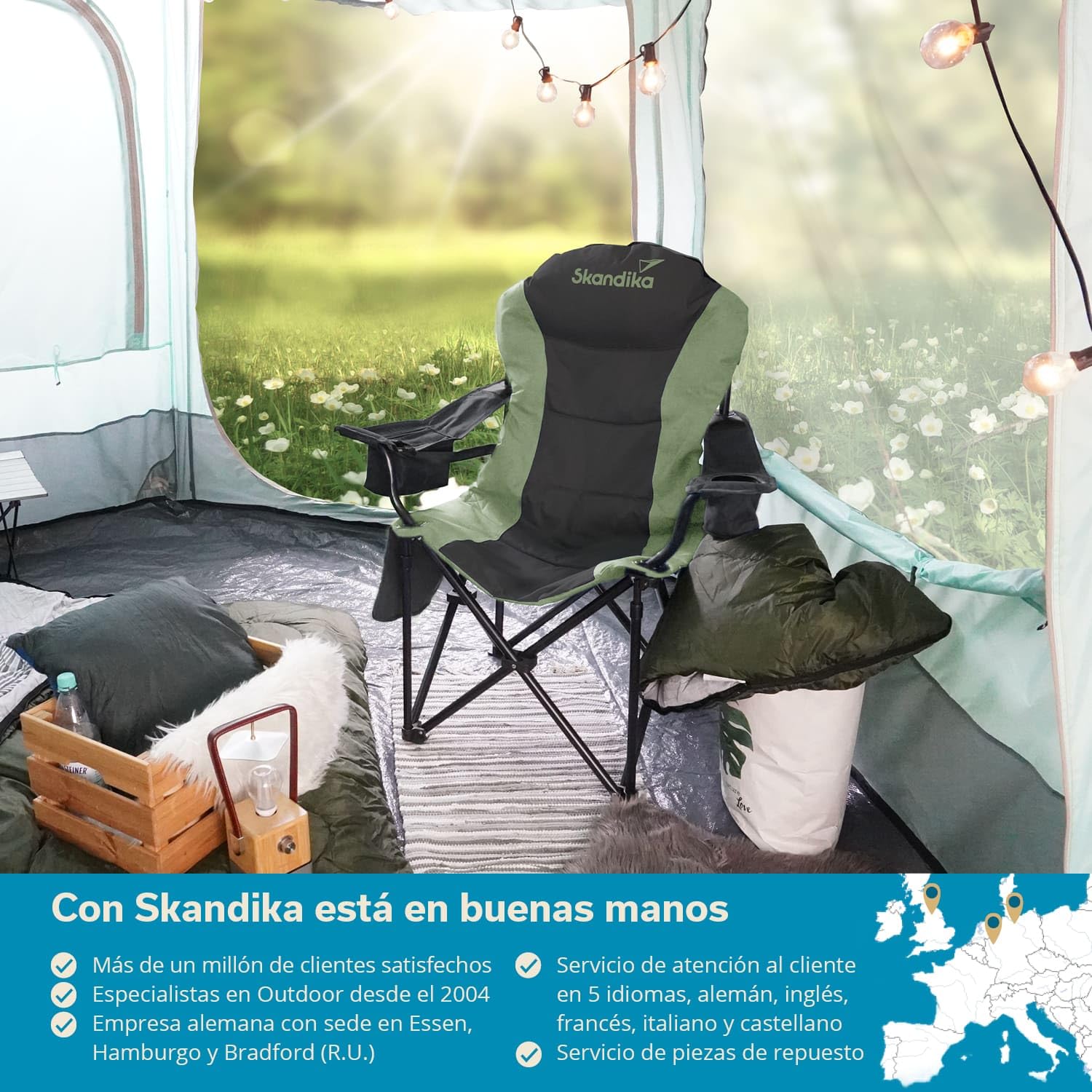 skandika Relax Comfort Silla de Camping - cómoda, Plegable y con portabebidas - máx. Peso Usuario de 150 kg - Bolsa de Transporte (Verde/Gris)