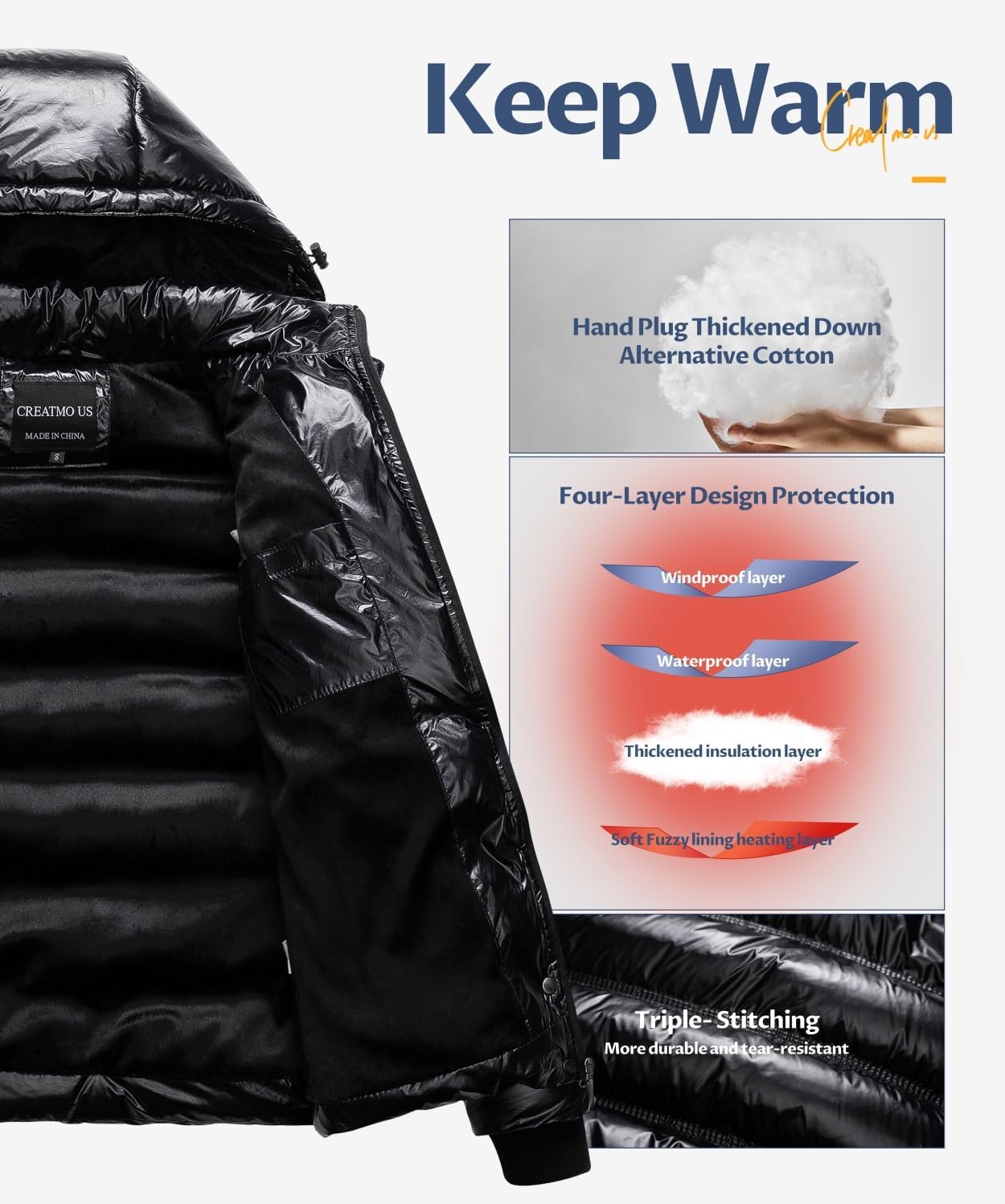 CREATMO US Women's Warm Winter Coat Waterproof Ski Jacket Padded Puffy Overcoat With Detachable Hood - Image 4