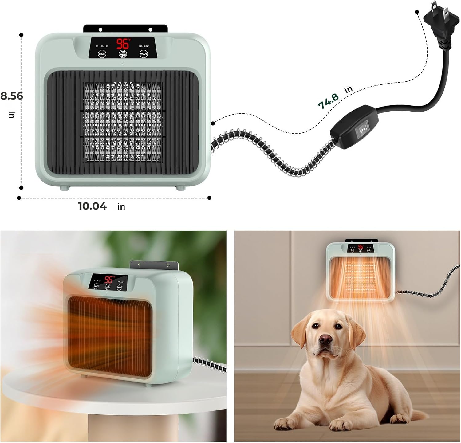 Dog House Heater for Outdoor & Indoor Use - 600W/300W Safe & Efficient Heating for Pet Houses, Chicken Coops, Rabbit Hutches - Wall-Mounted Design with Overheat Protection & Anti-Chew Cord (grey)