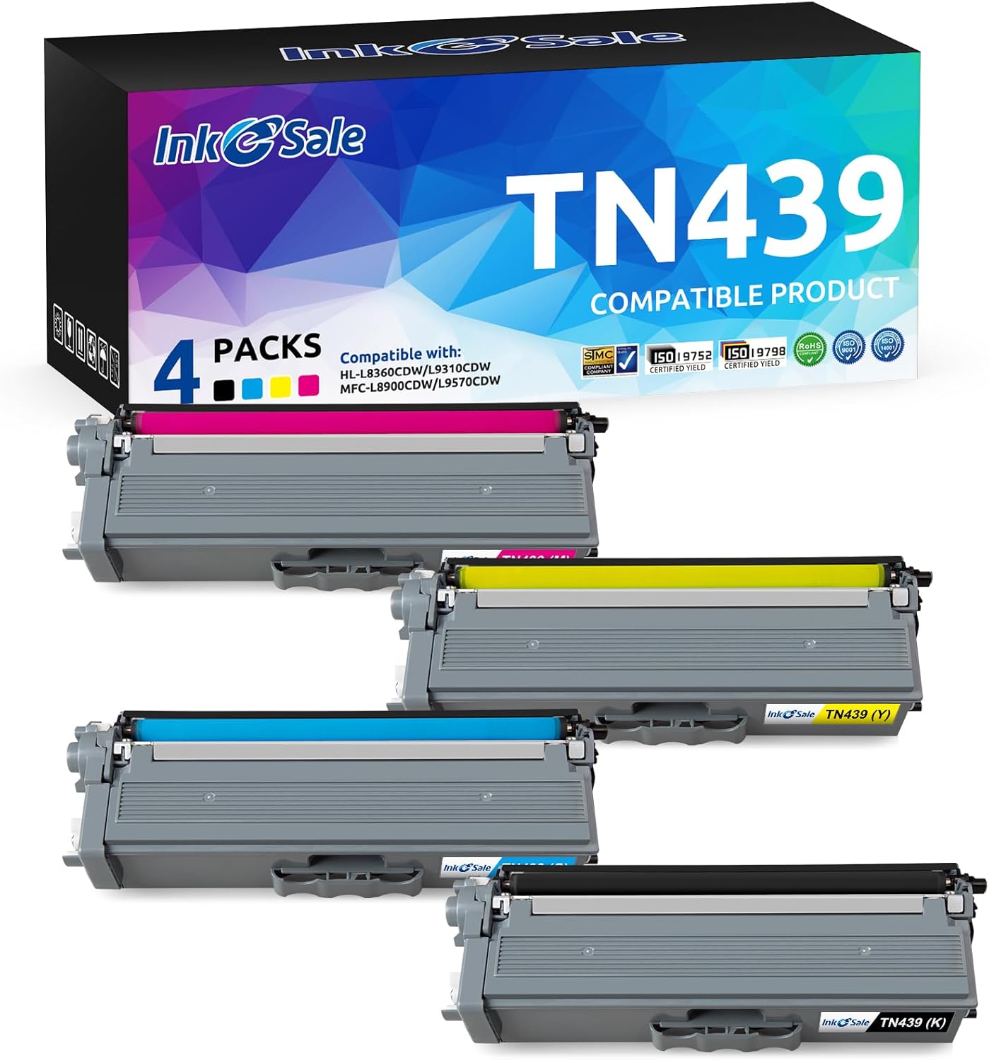 TN439 Compatible Toner Cartridge 4-Pack Replacement for Brother TN439 TN-439 Super High Yield, Works with HL-L8360CDW HL-L9310CDW MFC-L8900CDW MFC-L9570CDW Series, 4 Color Set (KCMY)