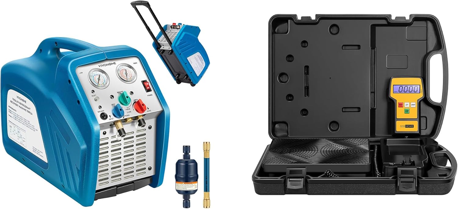 VIVOHOME 3/4HP Single Cylinder Portable HVAC Refrigerant Recovery Machine Trolley Design with Wheels, and High Precision Electronic Digital Refrigerant Charging Weight Scale with Case