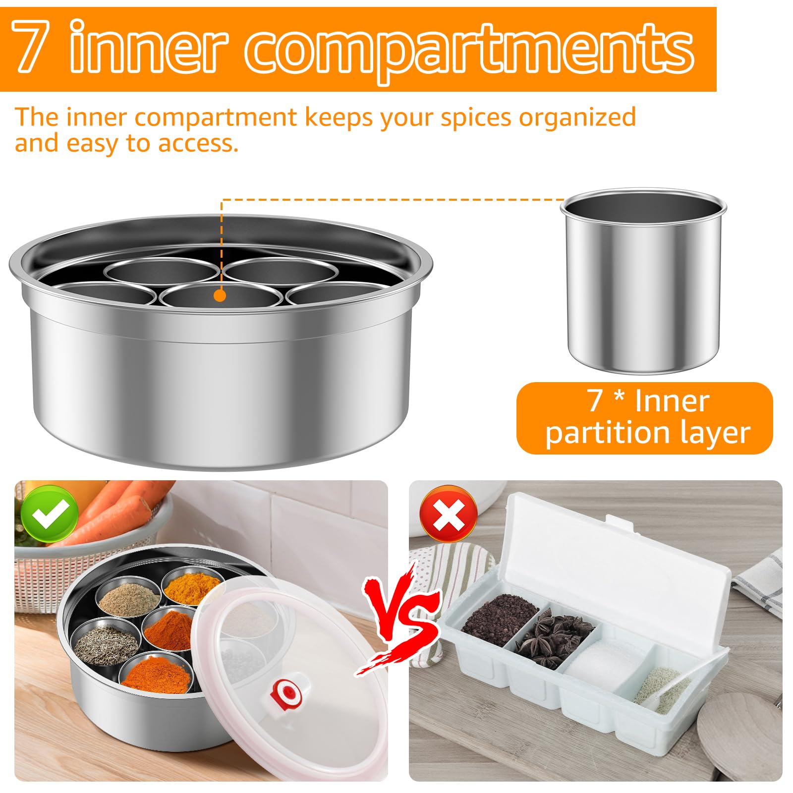 Masala Dabba In Acciaio Inox Trasparente – Scatola Portaspezie Con 7 Contenitori E 7 Cucchiaini, 8x8x7,6 Cm - 4