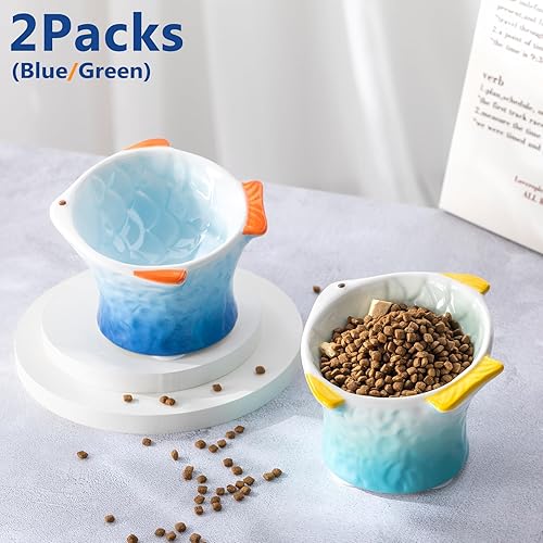 Miniatura 6 de Tioncy 2 cuencos elevados para gatos de cerámica en ángulo poco profundo, con forma de pez, plato inclinado para comida para gatos, antivómitos,