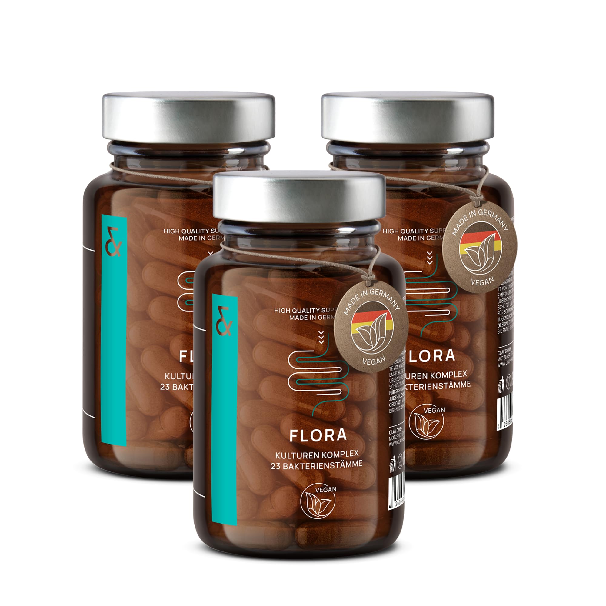 3er Set Flora Bakterien-Kulturen Komplex - 23 probiotische Bakterienstämme ohne Inulin, 100 Milliarden KbE/g mit Lactobacillus & Bifidobakterien - 180 magensaftresistente Kapseln - Vegan
