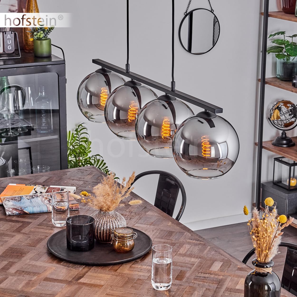Pendelleuchte Koyoto, Hängelampe aus Metall/Glas in Schwarz/Chromfarben/Klar, Hängeleuchte im Retro/Vintage-Design mit Glasschirmen (Ø 20 cm), 4-flammig, Höhe max. 116,5 cm, 4 x E27, ohne Leuchtmittel