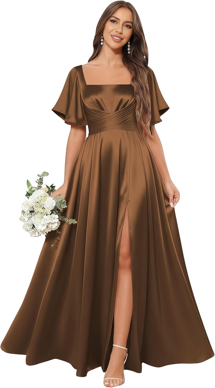 Women's Satin Bridesmaid Dresses with Short Sleeves Ruffles Pleated Evening Gown Formal Dress with Slit
