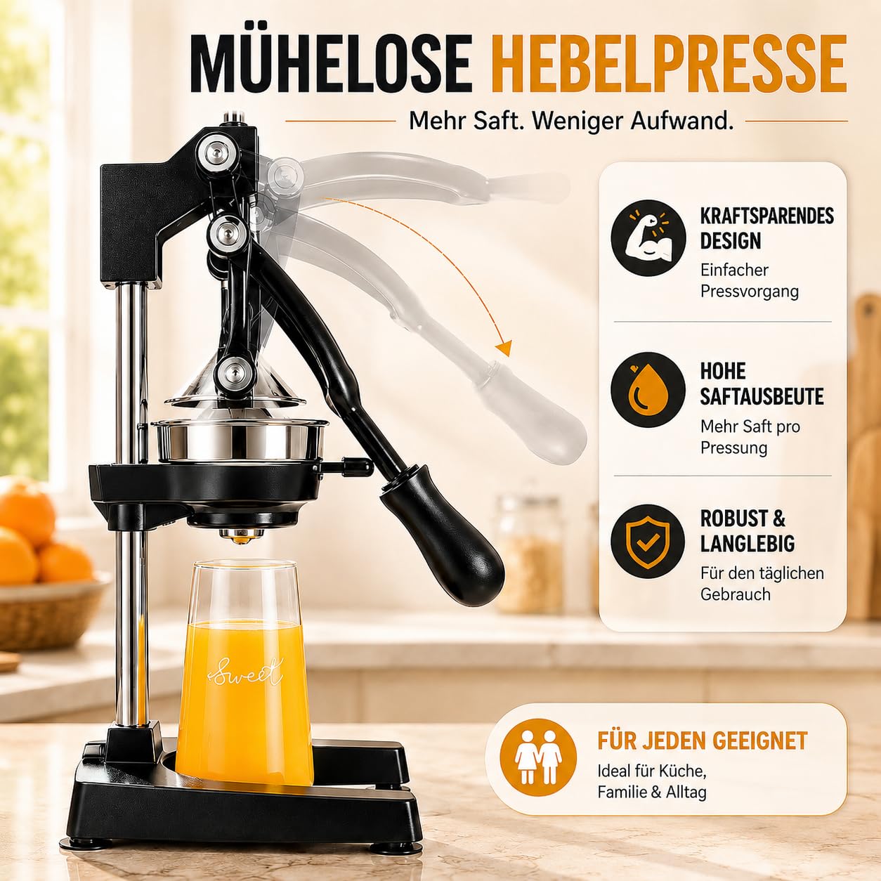 Manuelle Saftpresse Edelstahl 304, 48 cm, mit 2 Pressaufsätzen | Für Orangen, Zitronen, Granatäpfel, Apfel- und Birnenstücke; hoher Auslauf für Becher, stabile Saugfüße