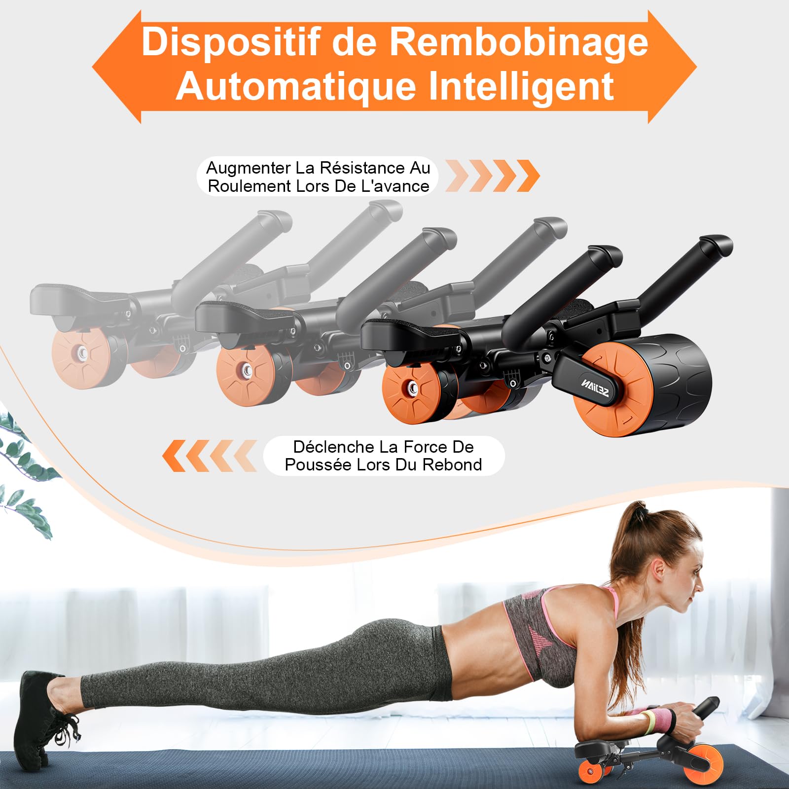 Roue Abdominale à Rebond Automatique, Roue à Roulettes Abdominaux Plank ab pour Core Trainer Assistée, Abdos Musculation Appareil, Accessoires pour Fitness Homme et Femme Gym et maison