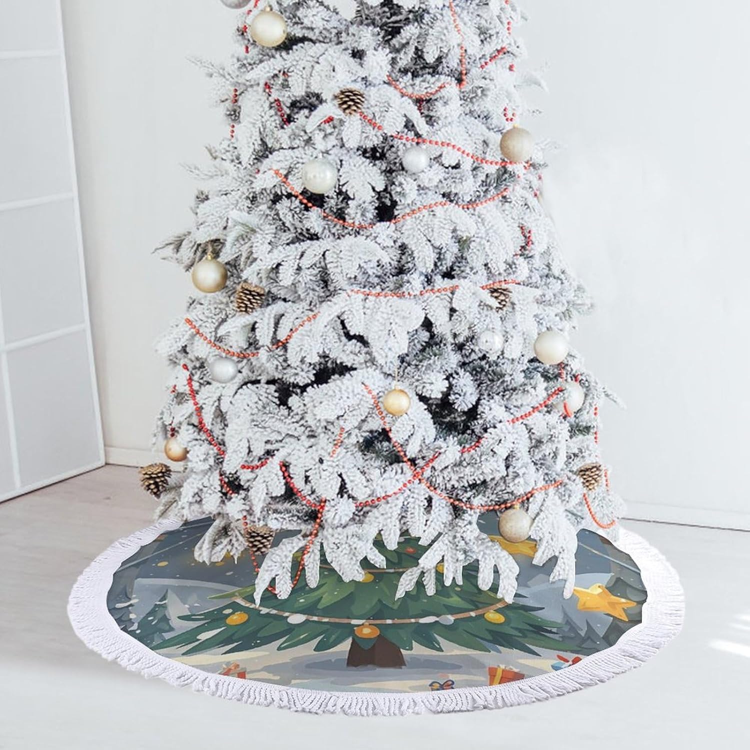 Flowing Christmas Tree Skirt, Climb The Christmas Tree Printed Christmas Tree Skirt,Christmas Holiday Home Party Decoration