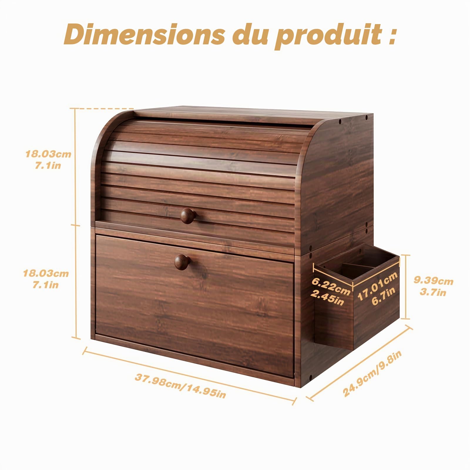 TQVAI Boite à Pain Vintage Bois 2 Niveaux Avec Couvercle Enroulable Countertop Huche à Pain Moderne Multifonctionnelle Boite de Rangement Cuisine, 37,95 x 24,9 x 36,06 CM, Marron
