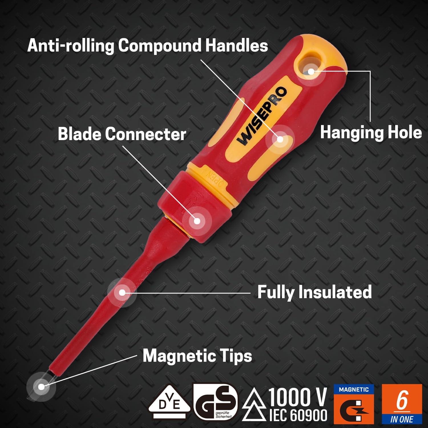 WISEPRO VDE/1000V Insulated Screwdrivers Set, Black Magnetic Tip Electrician Screwdriver Set, Interchangeable Blade - Image 3