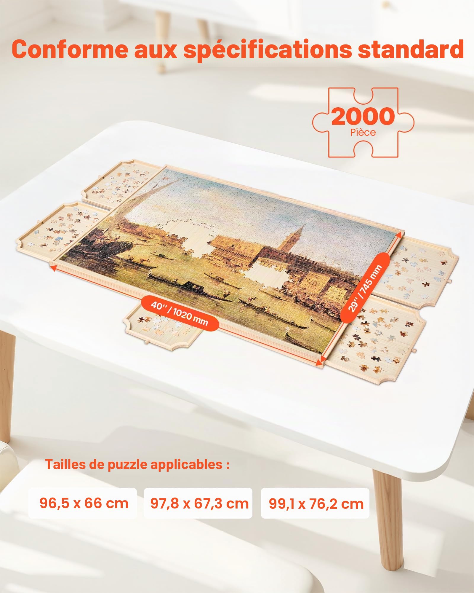 VEVOR Planche de Puzzle 2000 Pièces, Table de Puzzle en Bois 1020x745 mm, Plateau Casse-Tête Rotatif à 360° et Portable, avec 5 Tiroirs et Couverture Utile, Accessoire pour Amateurs de Casse-tête