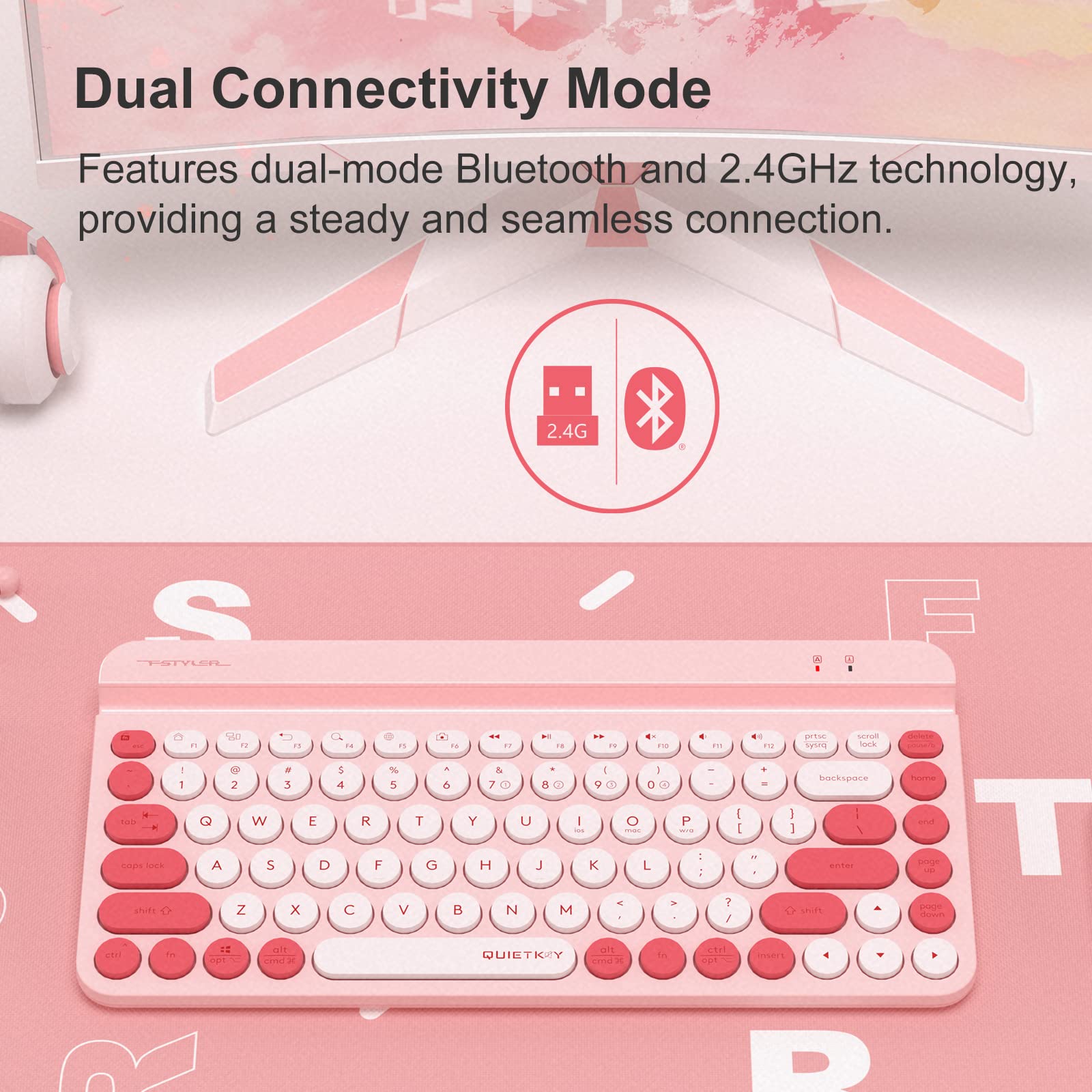 A4tech FBK30 Multi-Device QuietKey Wireless Keyboard, 2.4G and Bluetooth Dual Mode, Up to 4 Devices, Portable with Integrated Stand for Mac iOS Windows Android (Raspberry)