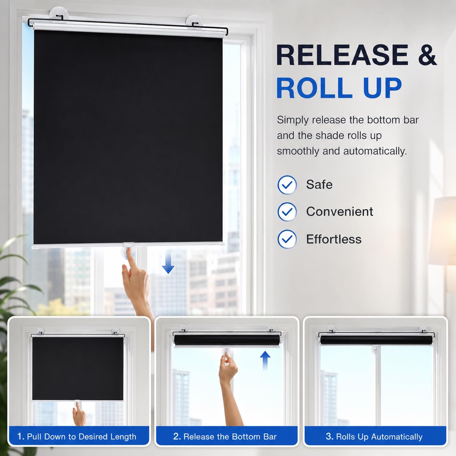 Tende Oscurante con Ventose Senza Fori Tendine Oscuranti per Finestre L 30-80cm, A 60-200cm Tende Avvolgibile Retrattile Parasole Termico Isolante Anti-UV per Auto Casa(70x200cm)