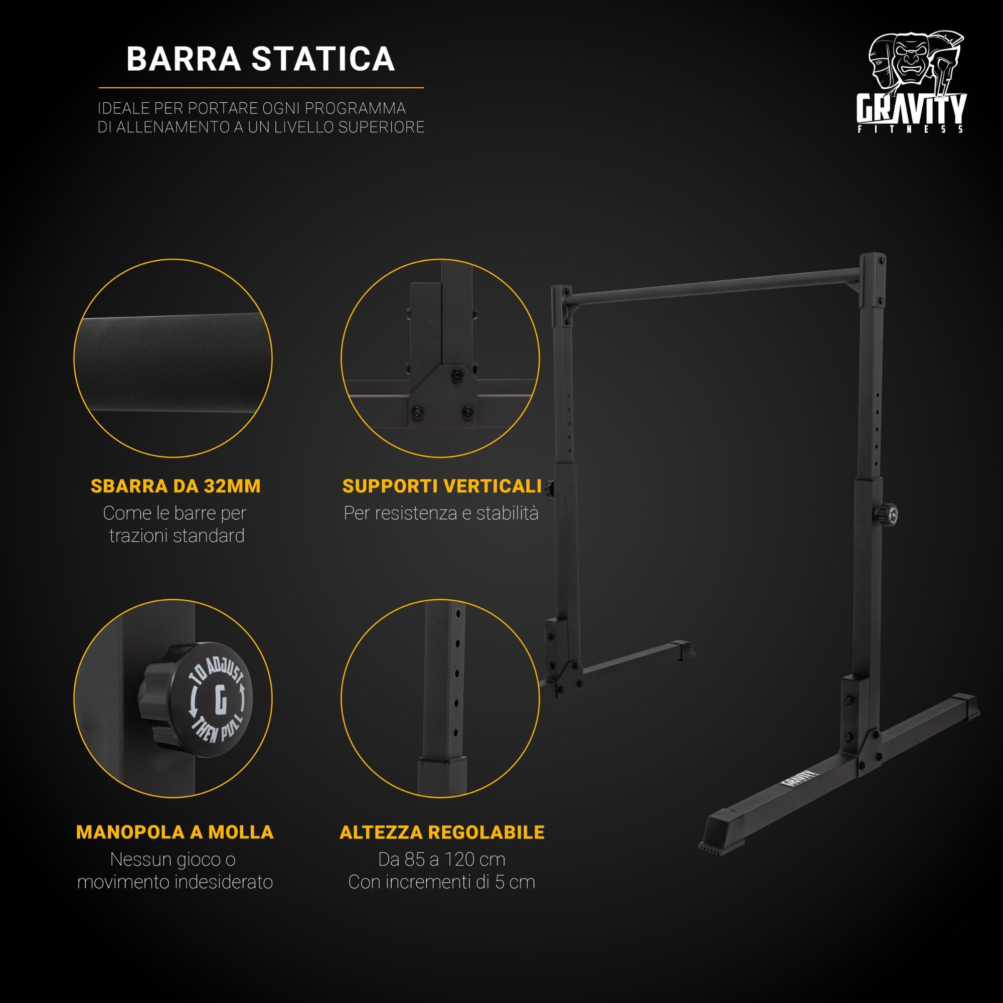 Gravity Fitness Calisthenics - Barra statica per allenamento in casa, altezza regolabile, piedini antiscivolo, impugnatura verniciata a polvere per esercizi di peso corporeo