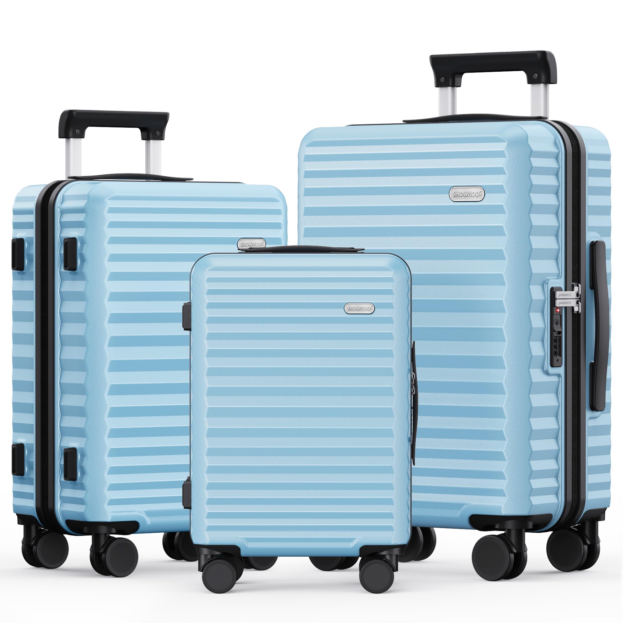 SHOWKOO Set Valigie 3 Rigide Espandibili 100% PC Set Trolley Bagaglio a Mano Valigia Viaggio Cabina con Chiusura TSA e Ruote Removibili (M-L-XL, Cielo Blu)