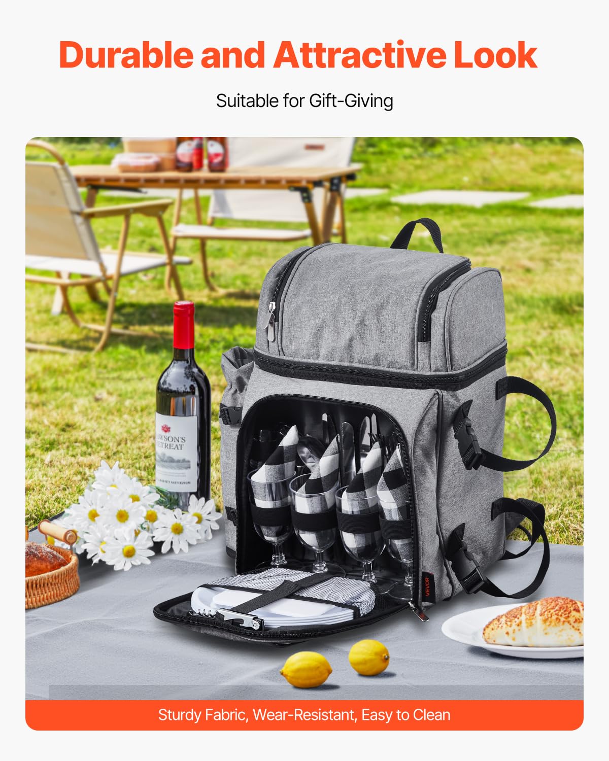 VEVOR Sac à Dos Isotherme pour 4 Personnes, Sac à Dos de Pique-Nique Randonnée Camping, avec Compartiment Isotherme, Porte-Bouteille Amovible, Couverture Légère et Kit Assiettes et Couverts, Gris