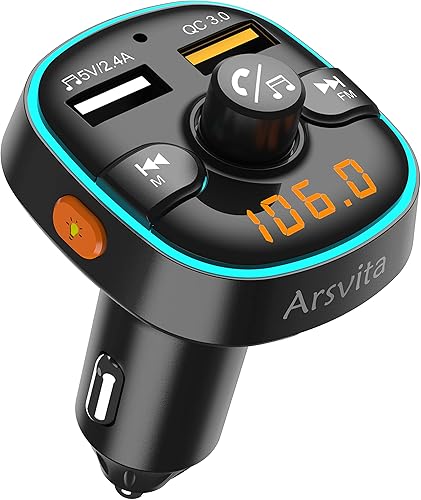 Arsvita Transmisor FM Bluetooth para coche, cargador rápido QC3.0, reproductor de música con llamadas manos libres, compatible con SiriGoogle Voice