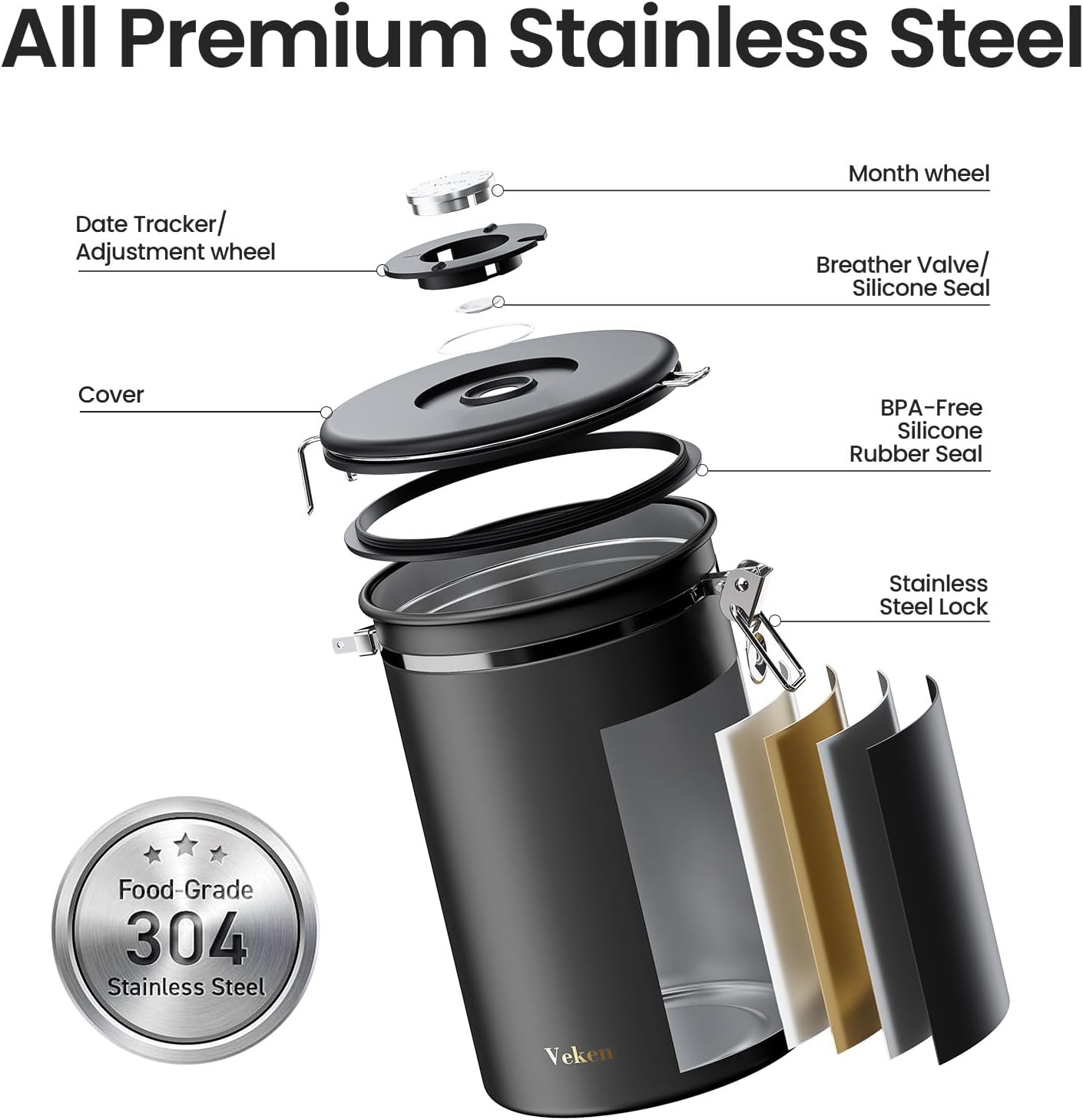 Veken Coffee Canister, 39OZ Large Christmas Coffee Lovers Gift Basket Set,Airtight Stainless Steel Food Storage Kitchen Container Gifts for 2.2lbs Beans, Ground, Sugar, Tea, Flour, Cereal,Scoop,Black - Image 5