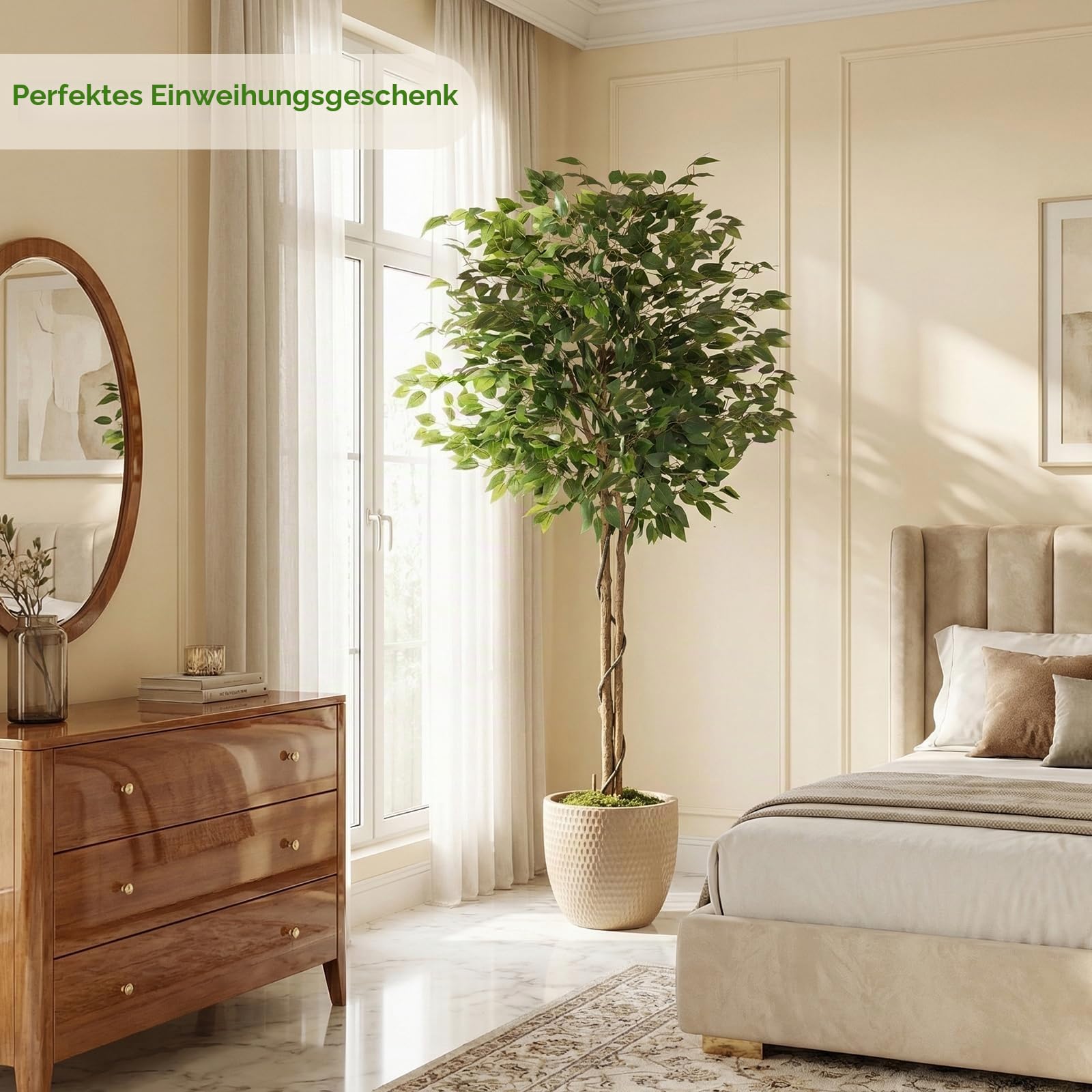 Clevich 180cm Ficus Kunstpflanze Wie Echt,Künstliche Ficus, Weißen Topf,Gebogenem Baumstamm+Üppig Grünen Blättern,Pflegeleichte Zimmerpflanze,Plüschmoos,Künstliche Pflanzen,Einzugsgeschenk,2PCS Moduls