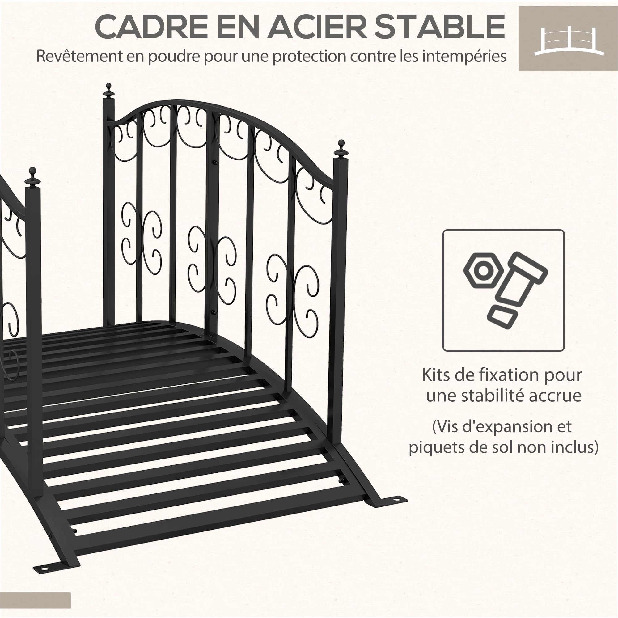 Outsunny Pont de Jardin Pont en Acier avec Garde-Corps latéraux, Charge Maximale 120 KG, décoration de Jardin pour Jardin, Étang, Ruisseau, 119 x 67 x 70 cm, Noir