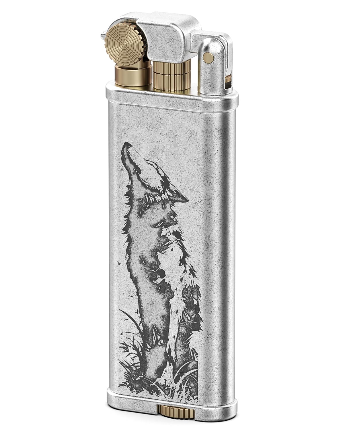 Vvay-Lighter Silver Vintage Petrol Lighters,Sliver Brass Lighter With Wolf Design, Refillable Fuel (Sold Without Fluid)