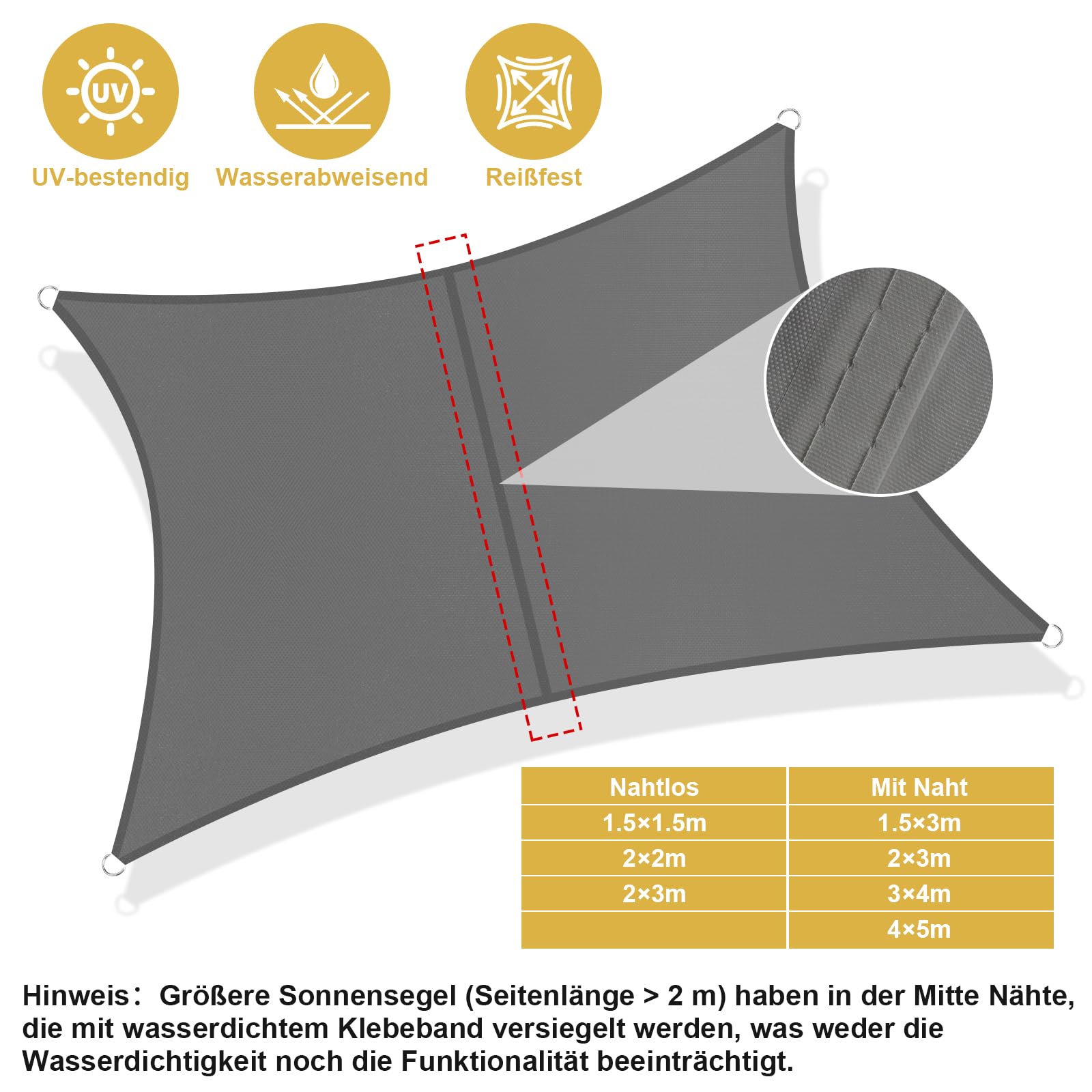 Shade&Beyond Sonnensegel Wasserdicht 5.5x5.5m Rechteckig Maßgefertigtes PES Segeltuch Sonnenschutz mit Seilen fur Balkon, Garten,Terrassenüberdachung, Grau Anthrazit
