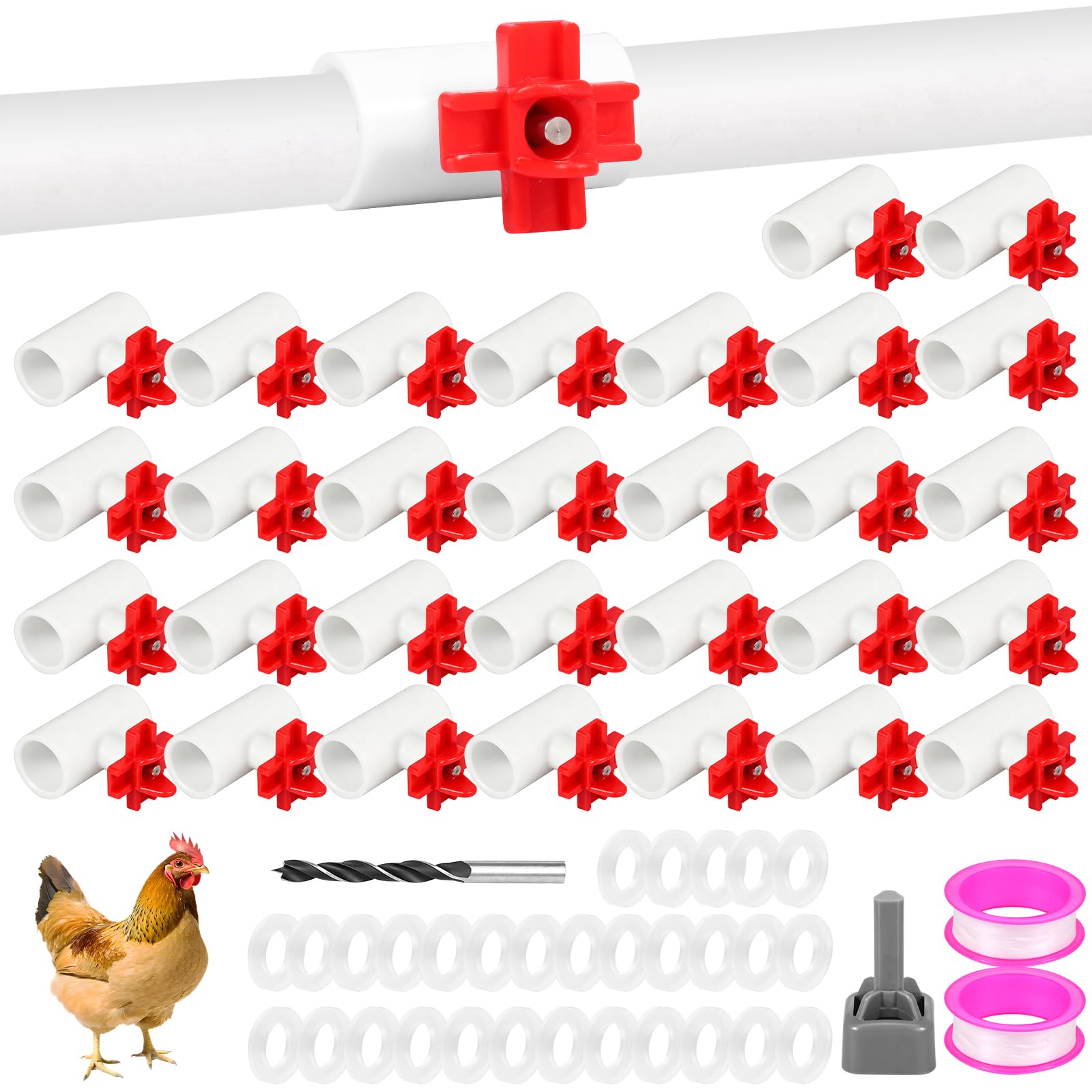 Anihet 30 Pack Horizontal Chicken Nipples Waterer, Automatic Poultry Water System with PVC Tee Fittings, Non Leak Side Mount Chicken Drinker for Chickens, Ducks, Quail