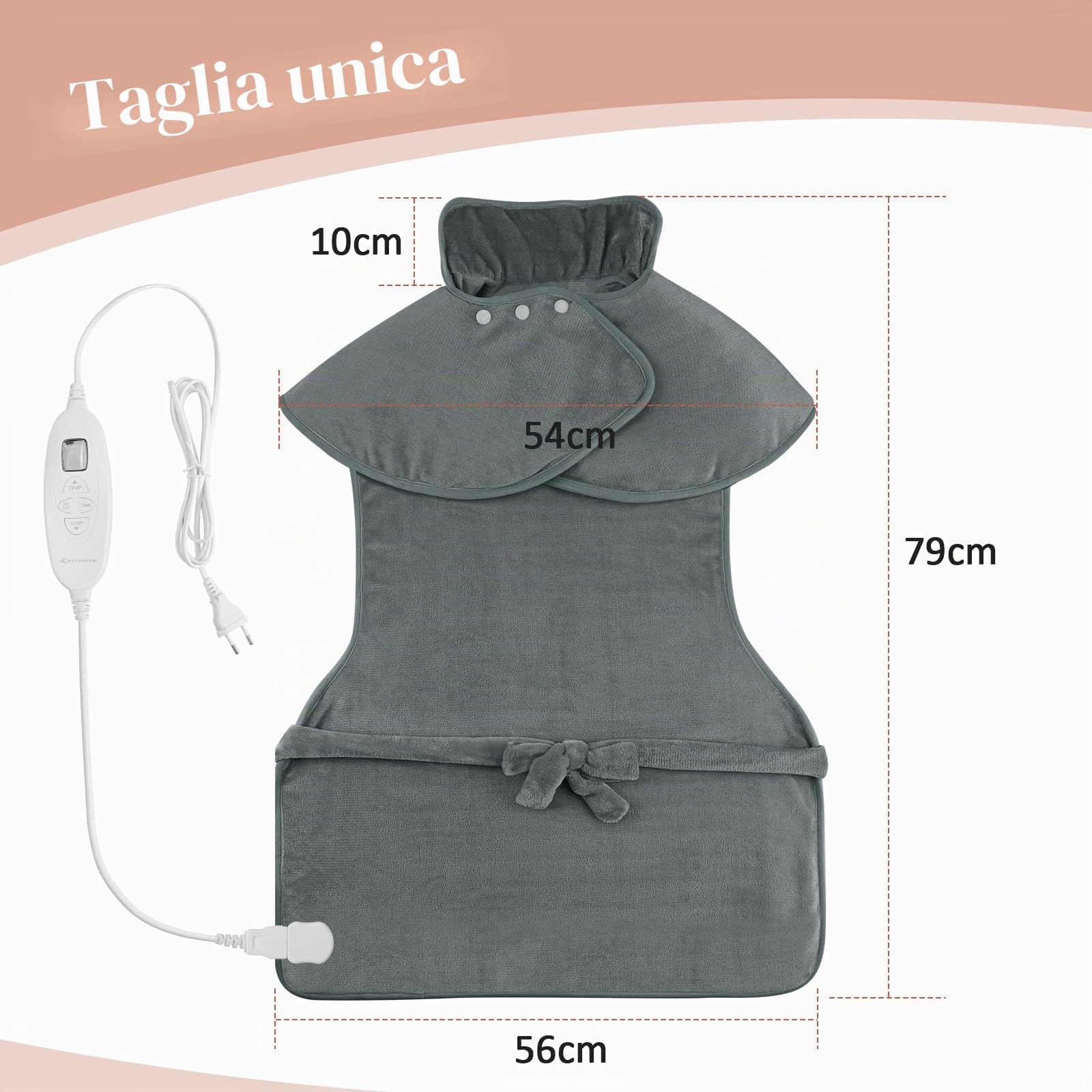 MYCARBON Termoforo Elettrico Cervicale e Spalle 60x100cm 6 Livelli Calore | 4 Timer con Telecomando Grande Cuscino Termico Riscaldante Chiusura a Bottoni e Laccetti