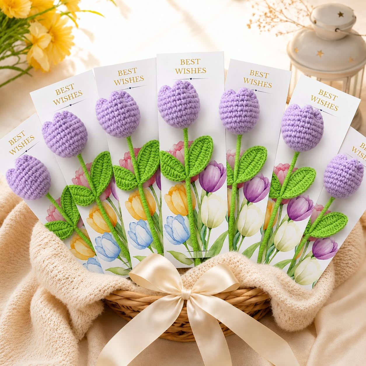 CURATED CART Crochet Flower with Card, Artificial Flowers, Handmade Knitted Sunflower, Appreciation Gift for Women, DIY Handmade Gift for Friend, Teacher, Mom, Sister (Tulip Purple - Pack of 6)-image-3