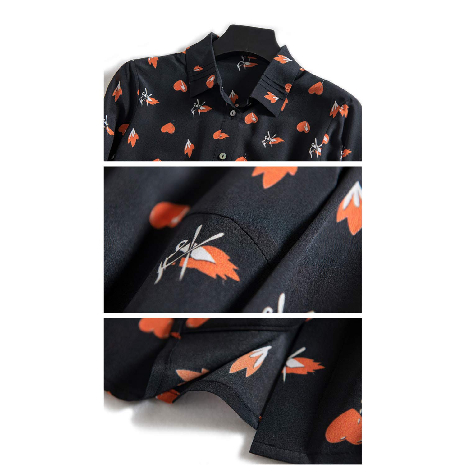 Camicia A Maniche Lunghe con Risvolto Stampato, Top Stampato A Forma di Cuore da Donna, Blusa in Seta Leggera