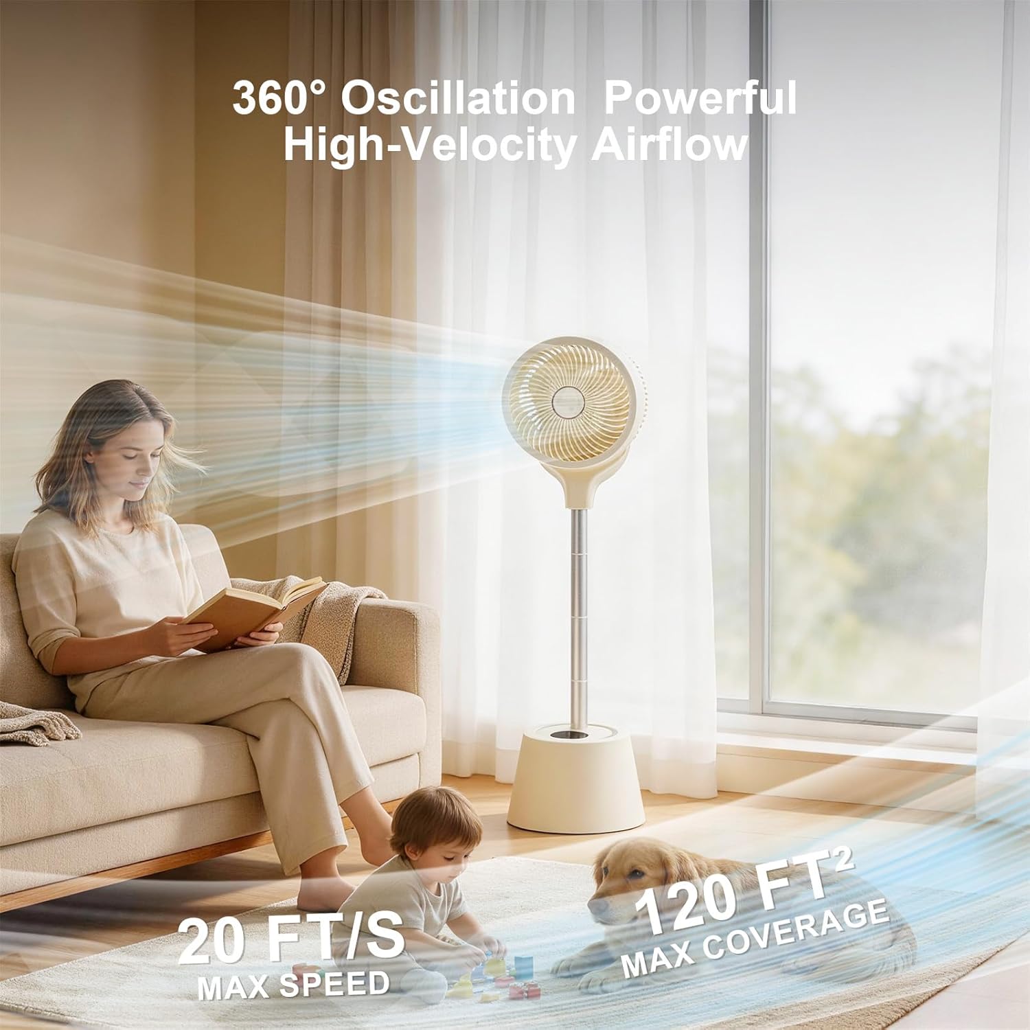 Smart Fan for Indoor & Outdoor Use, 20dB Quiet DC Motor, 360° Head & 90° Base, Adjustable Height, Built-in Battery (8-12Hrs), Wi-Fi App & Remote, 6 Speeds & 12H Timer 3 71SJr0WintL. AC SL1500
