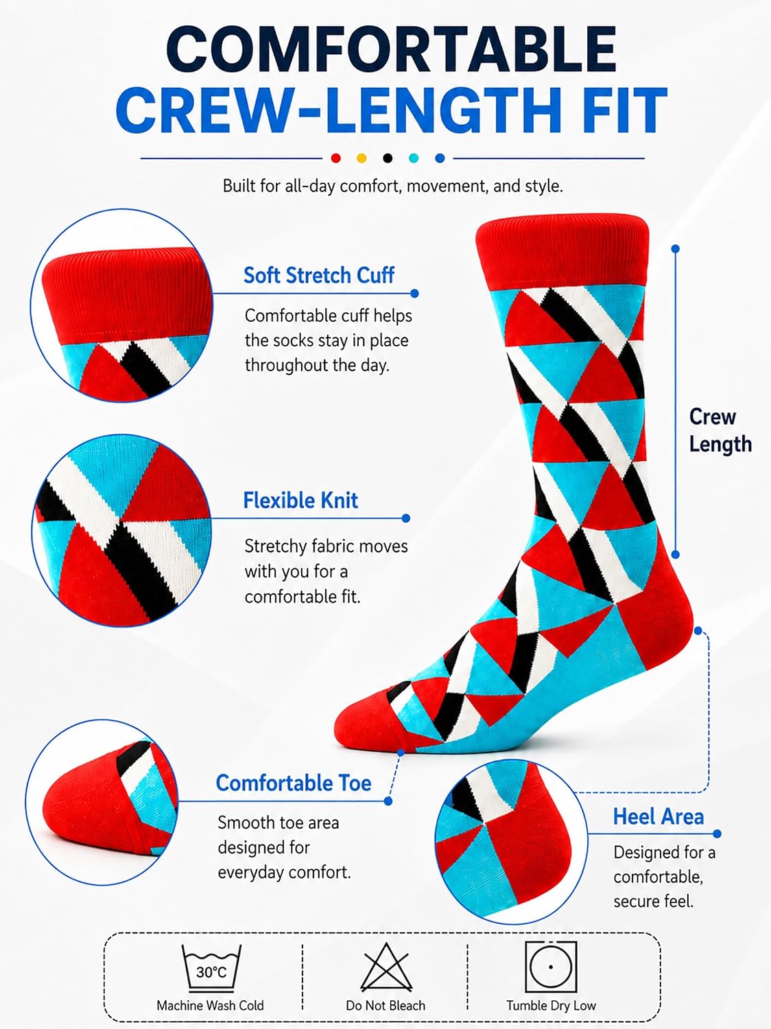 Mens Fun Colorful Patterned Crew Socks Funny Novelty Dress Socks