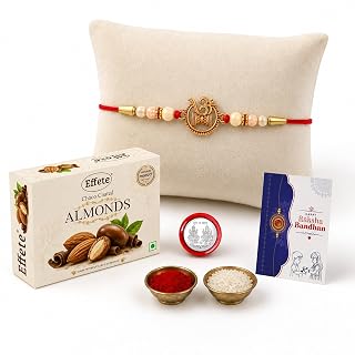 DeoDap Designer Om Damru Rakhi for Brother with Choco Coated Almonds Chocolate 32gm, Pooja Coin, Roli Chawal & Card | Rakhi with Chocolate Combo for Raksha Bandhan