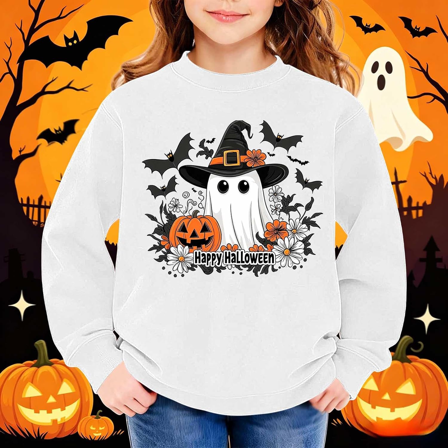 Cute Halloween Ghost Witch Hat Sweatshirt Girls Pullover Tops