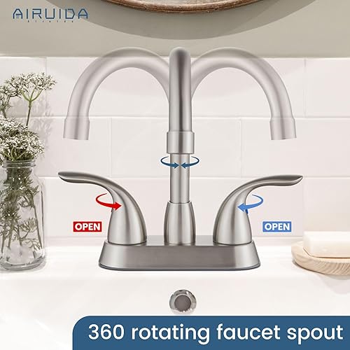 Miniatura 3 de Airuida Grifo de baño de níquel cepillado de 4 pulgadas, juego central de lavabo para caravana, grifo de lavabo de baño con varilla de elevación,